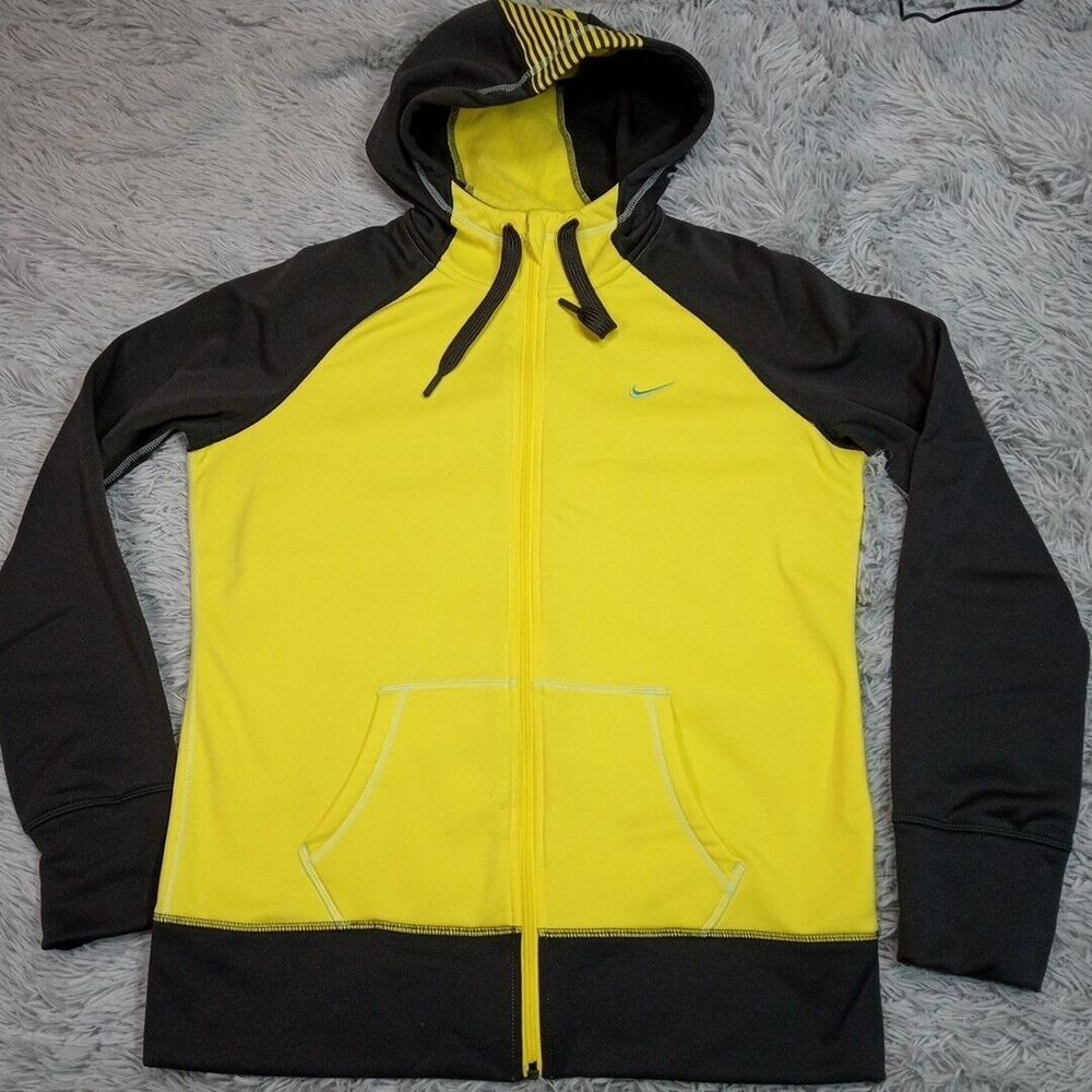Nike Sweatshirt Womens L Yellow Hoodie Athletic Therma Fit Thumb Hole Activewear